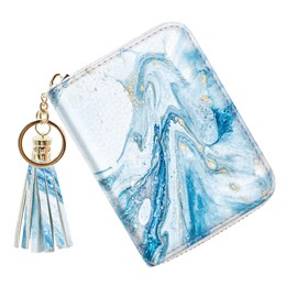 Coco Rossi Leather Credit Card Wallet for Women, RFID Blocking Zipper Cards Holder with Tassel, Blue Marble