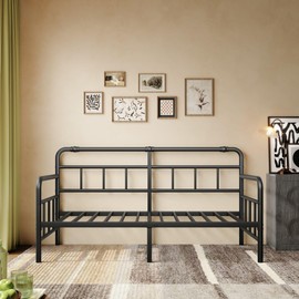 Sementa Daybed-Frame, Twin-Daybed with Classic-Headboard - Heavy Duty Steel Slats,Metal Sofa Bed Frame for Living Room Bedroom Guest Room, Easy Assembly(Black)