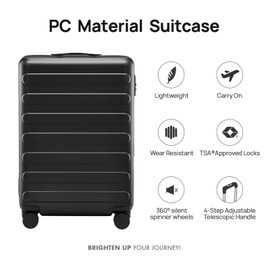 NINETYGO Carry On Luggage 22x14x9 Airline Approved, 20 Inch Luggage with Smooth Spinner Wheels, Lightweight, Hard Shell PC Suitcase Carry-On, Travel Luggage, TSA Approved (Black, Rhine Basic)
