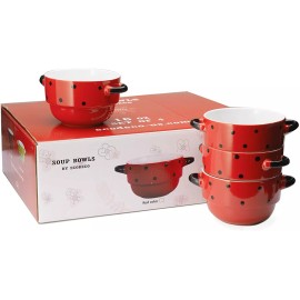ECODECO Soup Bowls with Handles - Ceramic - Polka Dot Red - 16 Ounce - Set of 4