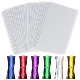 LEOSINDA Clear Cellophane Treat Bags 50pcs 10 X 13 In Clear Cellophane Bags with 6 Mix Colors Twist Ties for Gift Wrapping,Packaging Candies,Cookie，Dessert,Bakery, Popcorn, Chocolate,Party Favor