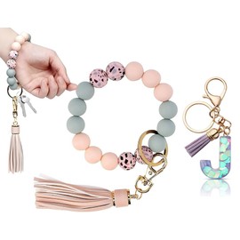 Guidre Key Ring with Letter, Key Ring Car Women Key Ring Bracelet Car Key Ring with Letter Beads Tassel Christmas Day Gifts for Women, J