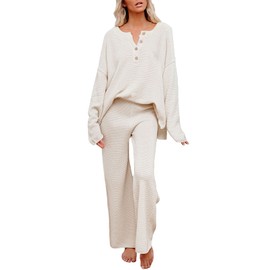 Pink Queen Women's 2 Piece Knit Sweatsuit Button Knit Pullover Sweater Top and Long Pants Sweatsuit Pajama Set Beige XL