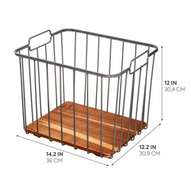 iDesign Ria Safford Collection Deep Pantry Wire Basket with Acacia Wood, 14.25" x 12.5" x 12", 15.25" x 12.5" x 12"