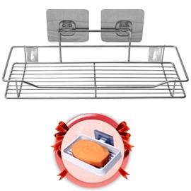 BR BLUEROCKS - BECAUSE QUALITY MATTERS Adhesive Shelf for Kitchen Stainless Steel Self Adhesive Shelf Bathroom Shelves Rack with Adhesive soap Holder (Large)