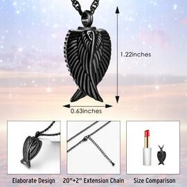 Urn Necklace for Ashes Cremation Necklace for Ashes Stainless Steel Angel Wing Cremation Jewelry-Black