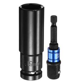 HARFINGTON Deep 6-Point Impact Socket 1/2" Drive 19mm Metric Socket 3" Length with 1/4" Hex Shank Adapter, CR-V Steel Socket Adapter Accessory Tool Set Kit for Hex Bolts Nuts