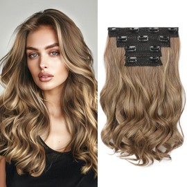 HOOJIH Hair Extensions, Clip in Hair Extensions 4PCS Hair Extension 14" Short Curly Clip on Hair Extensions Invisible Lace Weft Natural Soft Hairpieces for Women - Light Brown with Blonde Highlights