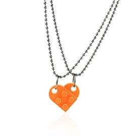 Multicolor Heart Peach Puzzle Couple Necklace Bricks Puzzle Assembled Pendant Necklace Love Heart Matching Block for Women Valentines Day Friendship Jewelry Gift (F orange)