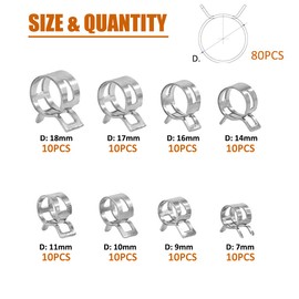 ISPINNER 80pcs Spring Band Type Fuel/Silicone Vacuum Hose Pipe Clamp, 7mm-18mm Low Pressure Air Clip Clamp 7mm 9mm 10mm 11mm 14mm 16mm 17mm 18mm (Silver)