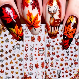 Fall Nail Stickers for Nail Art Maple Leaf Nail Decals 6PCS 3D Self-Adhesive Autumn Leaves Deer Pattern Design Stickers Decoration for Women DIY Holiday Party Nail Supplies Charms Accessories