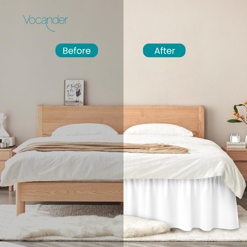 Vocander Double Bed Valance Sheet White, Bed Skirt Pleated Wrap