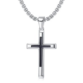 JeweBella Cross Necklace Men Women 925 Sterling Silver Black Cross Pendant with 3 mm Wide Stainless Steel Venetian Chain Cross Necklace Men's Jewellery Gift Chain Length 41-66 cm, Silver