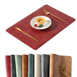 Univo Colors Washed Cowhide Pattern PU Leather Placemats Set of 8 Heat Resistant Kitchen Table Mats, Waterproof Wipeable for Party Decoration(Red)
