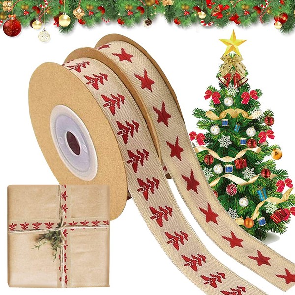 Christmas Ribbon 2 Rolls, Brown Xmas Gift Wrapping Ribbon Craft Cotton Ribbon Tape Christmas Tree Star Ribbons, 9.2M/10 Yd Christmas Ribbons for Gift Wrapping/Crafts/Xmas Tree Bows Cakes Cards Decor