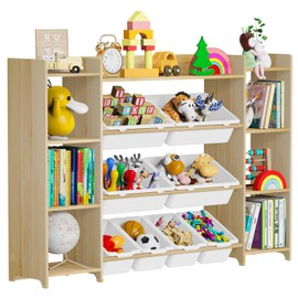 Kinembold Kids Toy Organizer with Bookshelf, 4-Tier Toy Organizers W/8 Removable Storage Bins, Solid Wood Kids Bookshelf and Toy Storage for Study Room, Kids Room, Classroom, Nursery