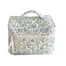 MERATIA Cotton Makeup Bag, Portable Travel Cosmetic Bag for Women Floral Toiletry Organizer Bag, Blue floral-1, Casual