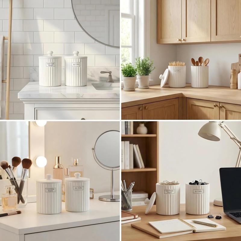 Ronasip White Ceramic Bathroom Organizer and Storage Jars with Lid,