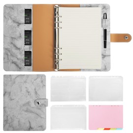 Colacoo A5 Round Ring Binder Notebook, 6 Rings Leather Loose Leaf With Paper, Refillable Personal Planner Budget Binder, Aesthetic for Filling Paper (Marble Grey)