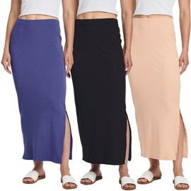 Real Essentials 3 Pack: Women's Ribbed High Waisted Maxi Skirt with Side Slit - Casual Long Pencil Skirt, Set 4, Large