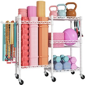 FUTASSI S2 Home Gym Storage, Rolling Yoga Mat Storage and Organizer, Sport Equipment Rack for Dumbbells, Kettlebells, Foam Rollers, Resistance Bands, 11.8" D x 36" W x 32.5" H, White