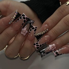 Press on Nails Long Square French Tip Fake Nails Pink Black False Nails with Flower Leopard Designs Glossy Glue on Nails Stick on Nails for Women Girls 24 Pcs