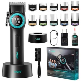 VGR 001 - Cortador de pelo profesional para hombre, inalámbrico, para cortar el cabello, hoja de acero al carbono, para barberos, 9000 rpm, pantalla LED, negro