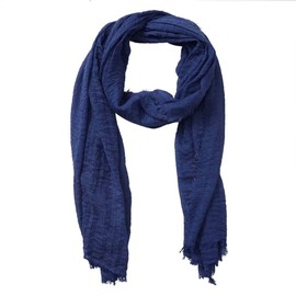 XRDSS Summer Cotton Blend Crinkle Vintage Soft Scarf with Fringed Edges 35" × 70" (Dark Blue)