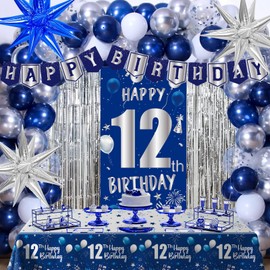 12th Birthday Decorations Boy, Happy 12th Birthday Decorations for Boys Girls, Blue 12 Year Old Birthday Banner Decoration Balloons Tablecloth Foil Backdrop Star Balloons, 12th Bady Decor for Teens