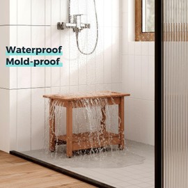 LAHAAP Waterproof Shower Bench, 24" Poly Lumber Shower Stool for Shaving Legs, Shower Chair Seat with Storage Shelf and Handles, Bathroom Bench for Inside Shower, Non-Slip (Brown)