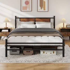 LUBEDCY Queen Size Bed Frame with Rustic Wood Headboard, Heavy Duty Metal Platform Frame, Sturdy Steel Slat Support, No Box Spring Needed - Black Queen Bed Frame with Headboard (Black, Queen)