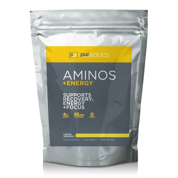Purbolics Aminos + Energy, Supports Recovery, Energy & Focus, 95mg of Caffeine, 0 Sugar & 60 Servings (Lemon Squeeze)