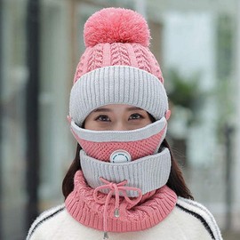 3pcs/Set Fashion Women Winter Knitted Hat Thickened Woolen Cap with Warm Mask and Neck Scarf ((Pink2)