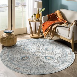 jinchan Round Rug 6ft Area Rug - Machine Washable 6'Circle Vintage Floral Non-Slip with Rubber Backing Ultra-Thin Low-Pile Carpet for Bedroom Living Room Dining Room Entryway (6'Round,Grey/Blue)