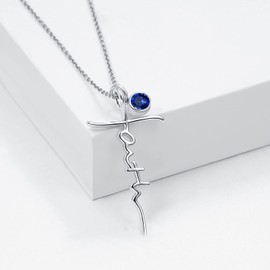 PRAYMOS 925 Sterling Silver Faith Pendant Necklace for Women September Birthstone Necklace Silver Cross Necklace Religious Jewelry Gift