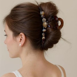 Pinza para el cabello con forma de tortuga y cuentas KEMMINTVN – Pinza grande para moño francés, pinza banana de resina marrón para mujer, accesorio p