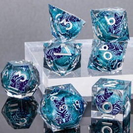 KERWELLSI Cat DND Dice Set, 7pcs Liquid Core Role Playing Game Dice with Gift Box, Polyhedral Resin Sharp Edged D and D Dice Set with Gift Box D20 D12 D10 D8 D6 D4, Blue