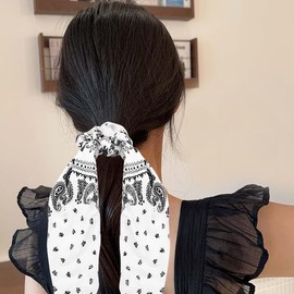 White Bandana Knotted Bow Hair Scarf Scrunchies for Girls Ribbon Bow Hair Ties Paisley Bow Scrunchies with Long Ribbons Red Bowknot Hair Ropes Elastic Bands Ponytail Holders Accessories for Women 2PCS