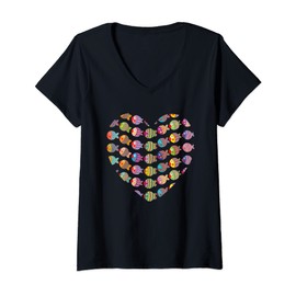 Womens Many small colorful funny fish in heart shape V-Neck T-Shirt