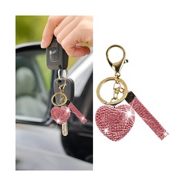 Sandfren Bling Car Keychain, Crystal Rhinestone Love Heart Vehicle Key Chain, Cute Auto Keyring Accessories, Universal Fit (Pink)