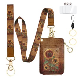 bolimoss Sunflower Lanyard Wallet with Id Badge Holder, Cute Floral RFID Small Keychain Wallet Women Wristlet, Zipper Pocket Credit Card Holder with Breakaway Wrist Neck Strap, Teacher Student Nurse