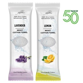 FabbPro Oshibori Moist Terry Cotton Refreshment Towels (50 Pack, 8 x 8 Inches) - White Mildly Scented Pre-moistened Towel to Use Hot or Cold - Lemon & Lavender Scent Bundle of 25 each