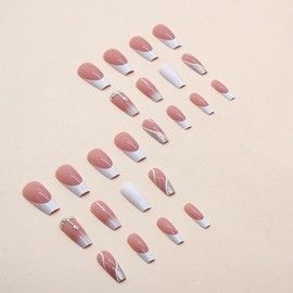 Long Press on Nails Coffin Shape Fake Nails Square False Nails with Designs Rhinestone Silver Glitter Glue on Nails White Full Cover Acrylic Glossy Stick on Nails Pink Artificial Nails for Women 24Pcs