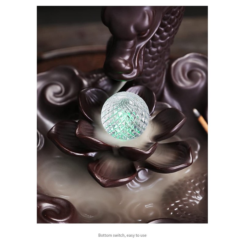 Dragon Incense Waterfall Burner with Multicolour Crystal Ball Ceramic Backflow