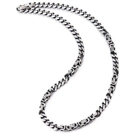 COOLSTEELANDBEYOND Matt Two-Tone Silver Black Curb Chain Byzantine Chain Mens Stainless Steel Necklace, Biker Hip Hop
