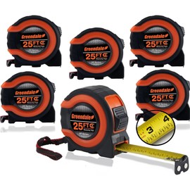 Greendale - 6 Pack - Red - 25 ft Tape Measures - Easy to Read Fractions to 1/8th inch - Magnetic Tip - Thumb and Quick Lock - Autowind - Belt Clip (Measuring Tapes)
