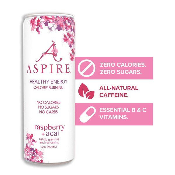ASPIRE Healthy Energy Drink – Raspberry Acai, 12 Pack – Zero Sugar, Calories or Carbs – Keto, Vegan, Kosher – Contains Natural Caffeine, Vitamins B & C - No Jitters or Crash – 12oz Cans