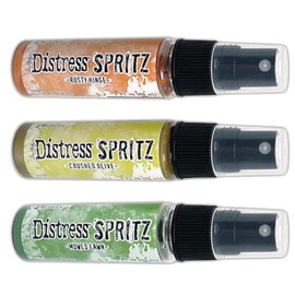 Ranger Ink Tim Holtz Distress Spritz Sprays, Set #2, October 2024 Release, 12 1-oz Bottles, Shimmery Colors including Vintage Photo, Cracked Pistachio, Fired Brick, Mowed Lawn + Carnora Amber Bottle