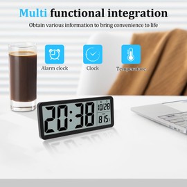 Silent Digital Wall Clock, with Large LED Temperature Display, Portable Alarm Clock Digital, Snooze Time, Versatile Two Power Mode, Screen Clock, for Office Bedroom Living Room (Black)