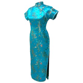 7Fairy Women's VTG Turquoise Dragon Long Chinese Dress Cheongsam Size 2 US